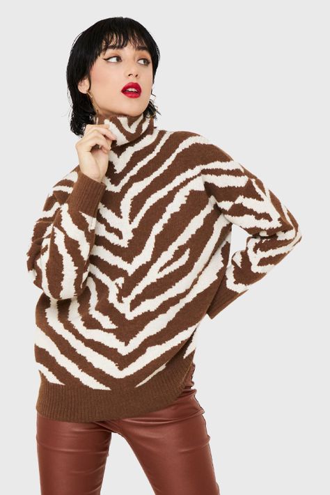 Sweater Atigrado Cuello Alto Café Nicopoly-0