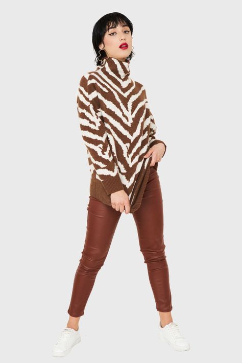 Sweater Atigrado Cuello Alto Café Nicopoly-1