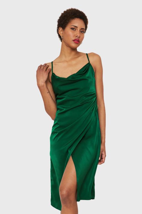 Vestido Tipo Satín Detalles Drapeados Verde Nicopoly-0