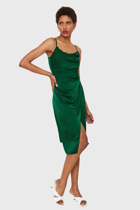 Vestido Tipo Satín Detalles Drapeados Verde Nicopoly-1