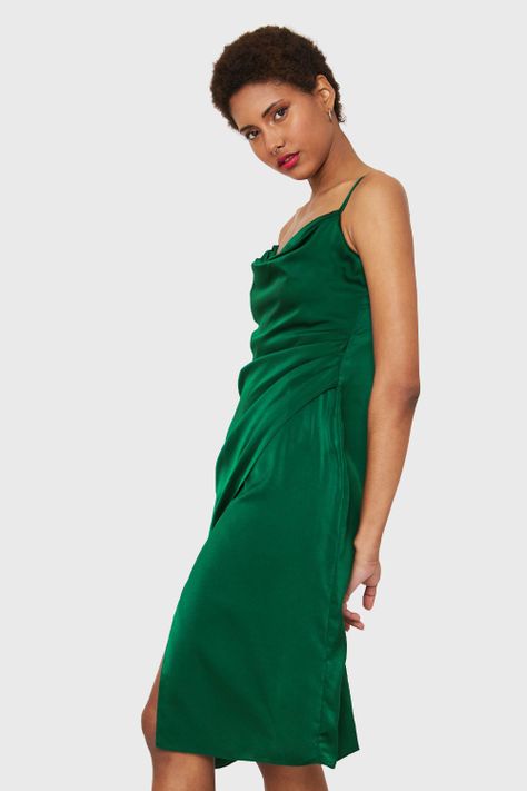 Vestido Tipo Satín Detalles Drapeados Verde Nicopoly-2