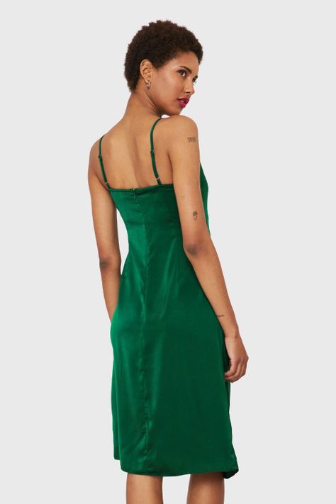 Vestido Tipo Satín Detalles Drapeados Verde Nicopoly-3