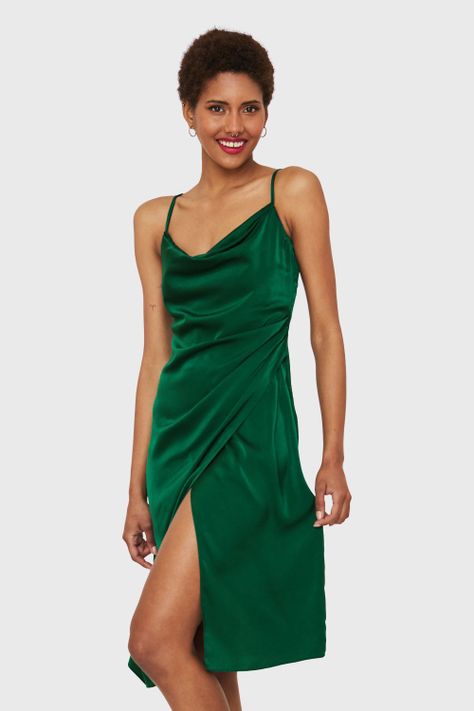 Vestido Tipo Satín Detalles Drapeados Verde Nicopoly-4