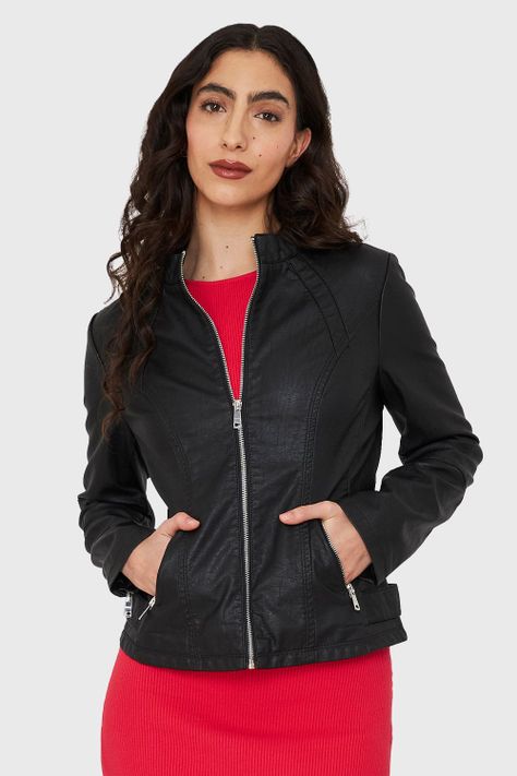 Chaqueta Cuello Mao Ecocuero Negro Nicopoly-0
