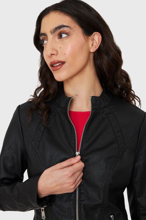 Chaqueta Cuello Mao Ecocuero Negro Nicopoly-5