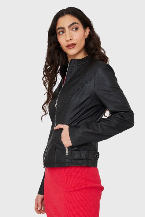 Chaqueta Cuello Mao Ecocuero Negro Nicopoly-2