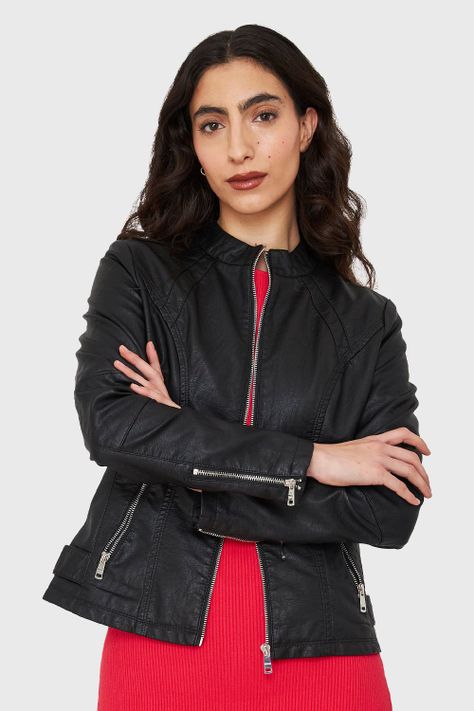 Chaqueta Cuello Mao Ecocuero Negro Nicopoly-4