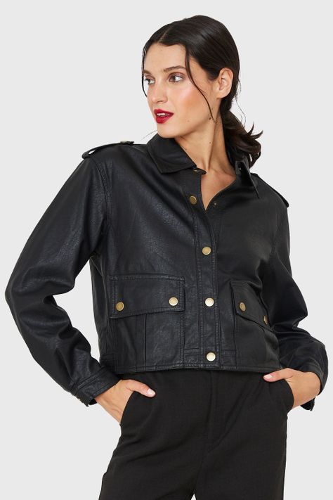 Chaqueta Cuello Camisero Ecocuero Negro Nicopoly-0