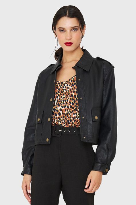 Chaqueta Cuello Camisero Ecocuero Negro Nicopoly-4