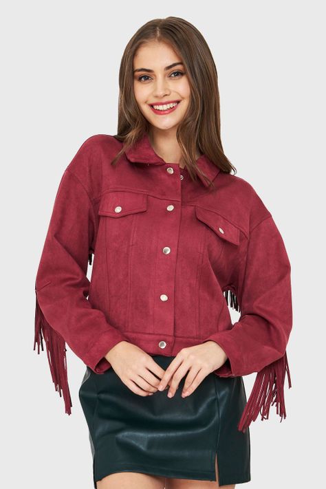 Chaqueta Tipo Gamuza Flecos Burdeos Nicopoly-4