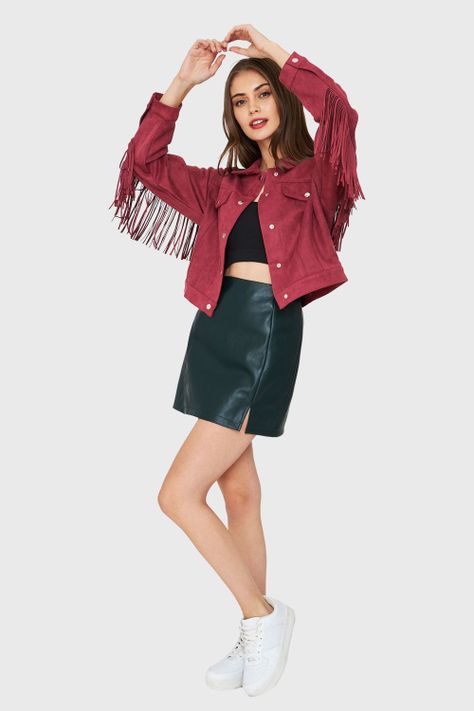 Chaqueta Tipo Gamuza Flecos Burdeos Nicopoly-1