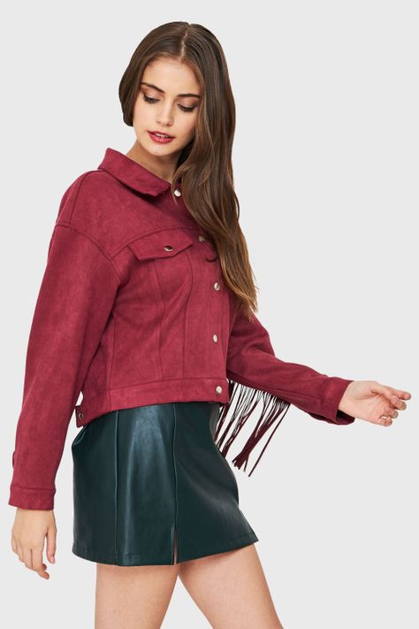 Chaqueta Tipo Gamuza Flecos Burdeos Nicopoly-2