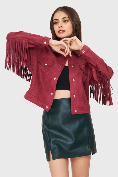 Chaqueta Tipo Gamuza Flecos Burdeos Nicopoly-0