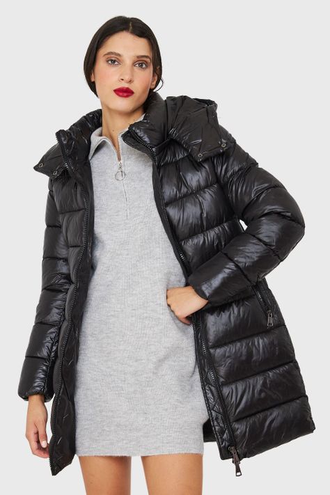 Parka Acolchada Midi Con Gorro Negro Nicopoly-0
