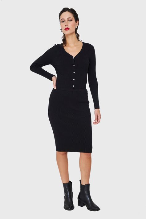 Falda Midi Acanalada Negro Nicopoly-1