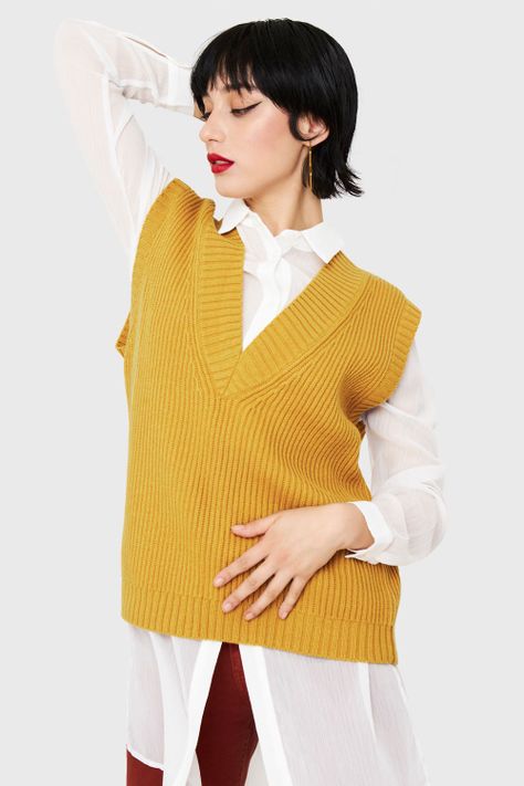 Chaleco Cuello V Oversize Mostaza Nicopoly-0