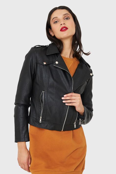 Chaqueta Biker Ecocuero Corta Negro  Nicopoly-0