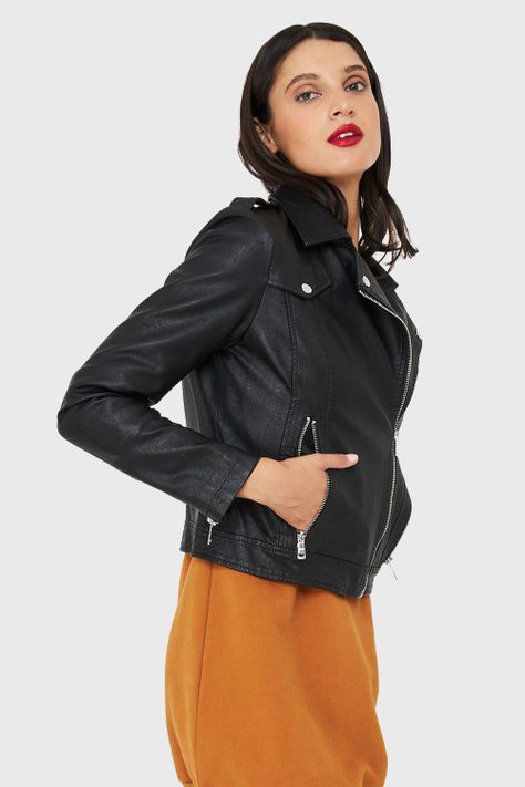Chaqueta Biker Ecocuero Corta Negro  Nicopoly-2