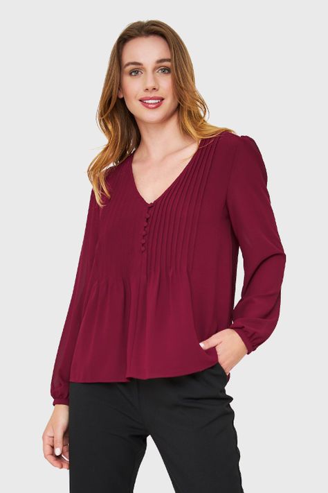 Blusa Pliegues y Vuelos Burdeo Nicopoly-0