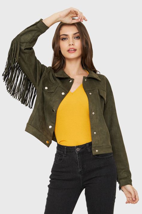 Chaqueta Tipo Gamuza Flecos Oliva Nicopoly-0