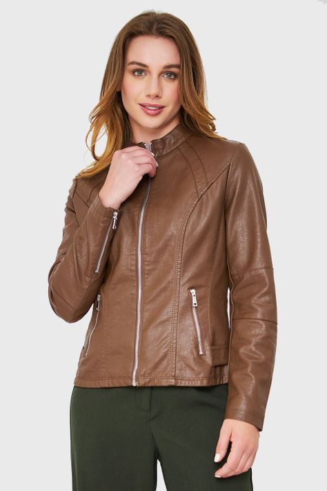 Chaqueta Cuello Mao Ecocuero Café Nicopoly-4