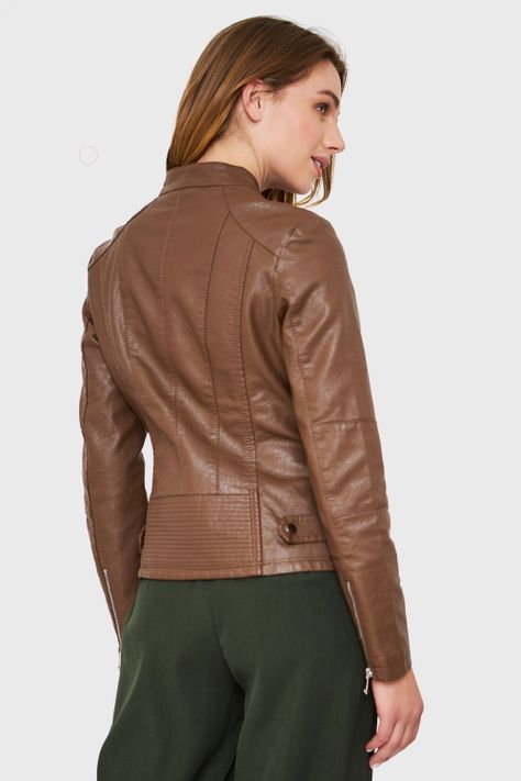 Chaqueta Cuello Mao Ecocuero Café Nicopoly-3