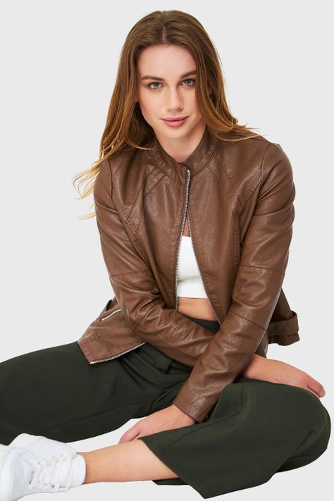 Chaqueta Cuello Mao Ecocuero Café Nicopoly-0