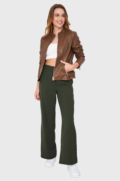 Chaqueta Cuello Mao Ecocuero Café Nicopoly-1