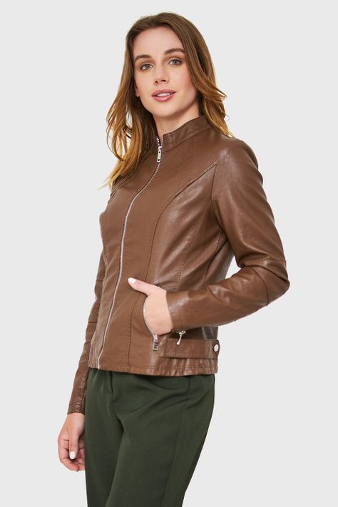 Chaqueta Cuello Mao Ecocuero Café Nicopoly-2