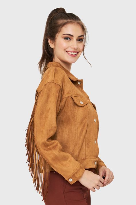 Chaqueta Tipo Gamuza Flecos Café Nicopoly-2