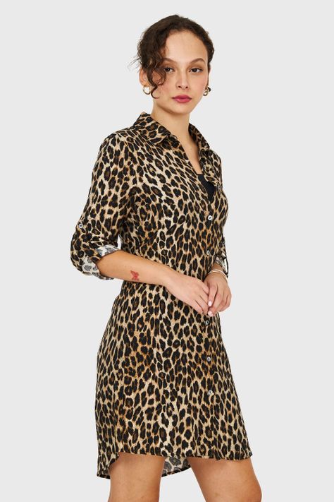 Vestido Tipo Camisero Leopard Café Nicopoly-2
