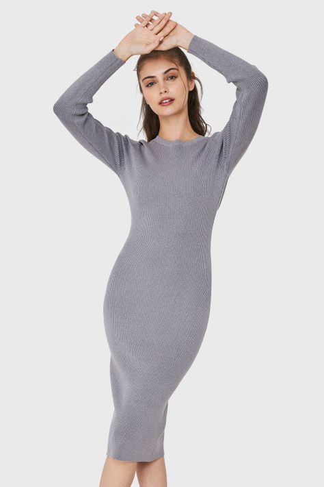 Vestido Acanalado Manga Larga Gris Nicopoly-0