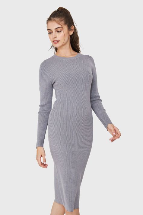 Vestido Acanalado Manga Larga Gris Nicopoly-2