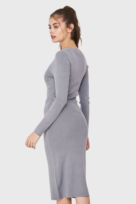 Vestido Acanalado Manga Larga Gris Nicopoly-3