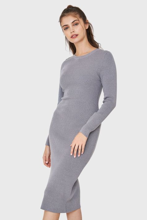 Vestido Acanalado Manga Larga Gris Nicopoly-4