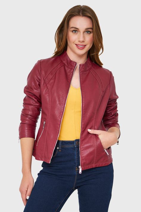 Chaqueta Cuello Mao Ecocuero Burdeos Nicopoly-0