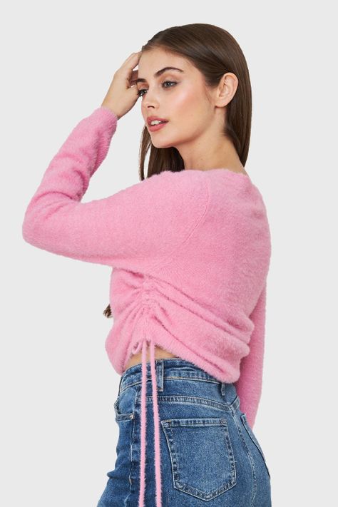 Sweater Peludo Recogido Lateral Rosa Nicopoly-3