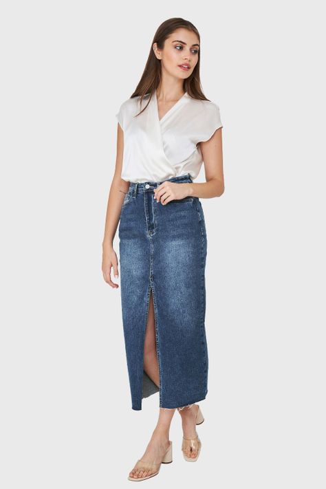 Falda Denim Tajo Frontal Azul Medio Nicopoly-1