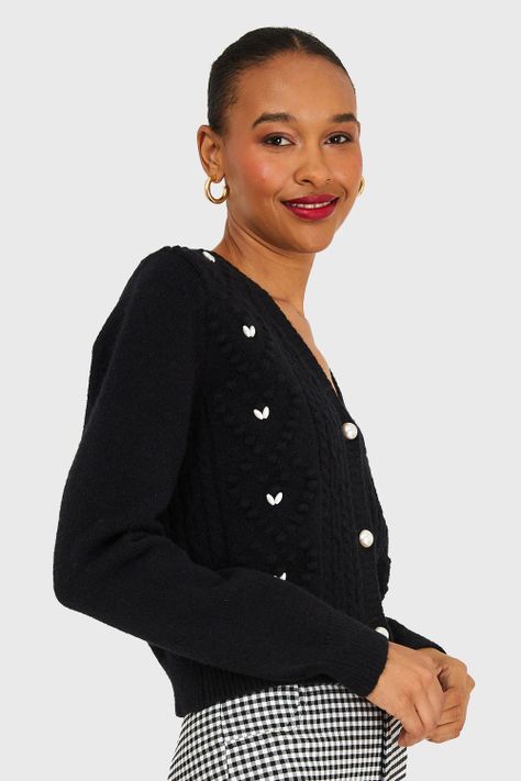Cárdigan Crop Perlas Negro Nicopoly-2