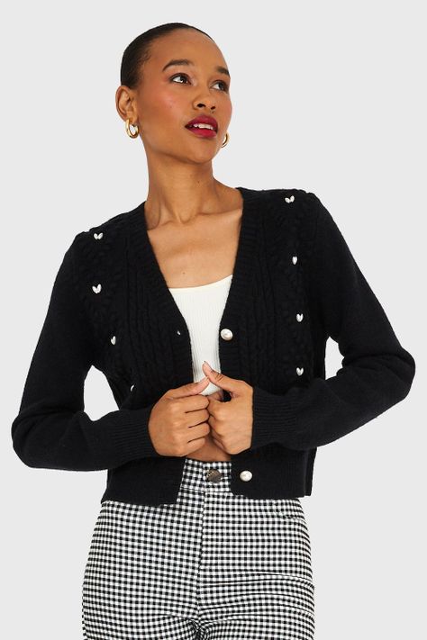 Cárdigan Crop Perlas Negro Nicopoly-4