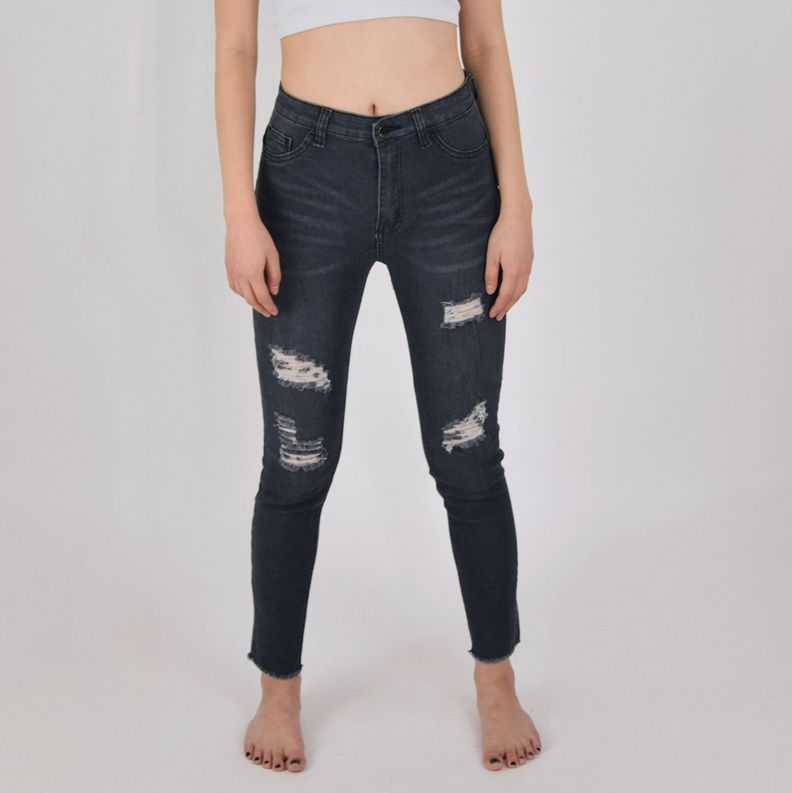Jeans de Mujer Elasticado Destroyed Gris Oscuro-0