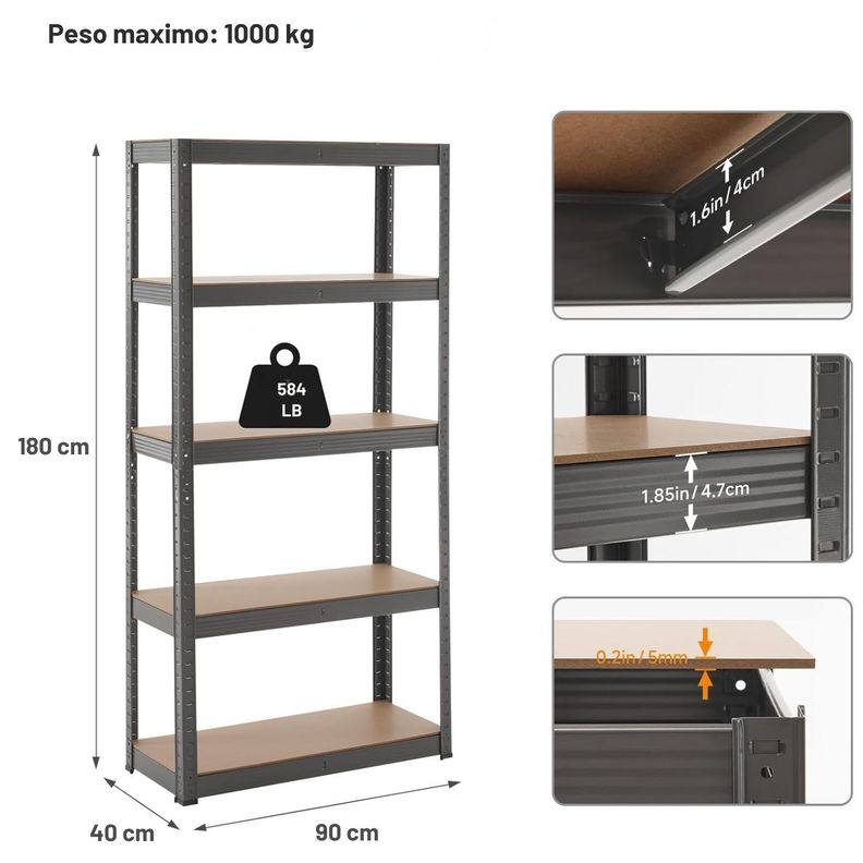 Estante Metálico Armable 180x90x40 Armado Facil Sin Pernos Negro-2