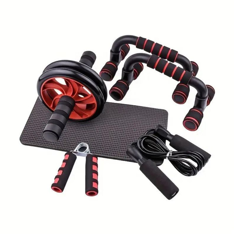 Set Rueda Abdominal Cuerda Saltar Mangos Push Ups Rojo-0
