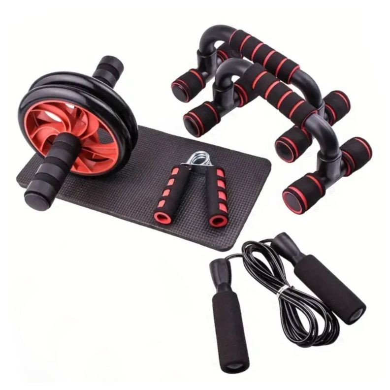 Set Rueda Abdominal Cuerda Saltar Mangos Push Ups Rojo-1
