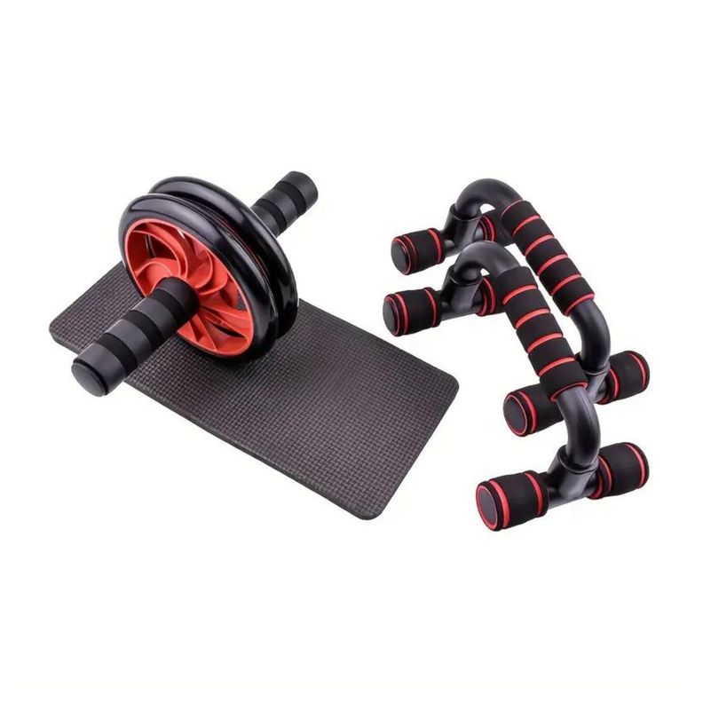 Set Rueda Abdominal Cuerda Saltar Mangos Push Ups Rojo-2