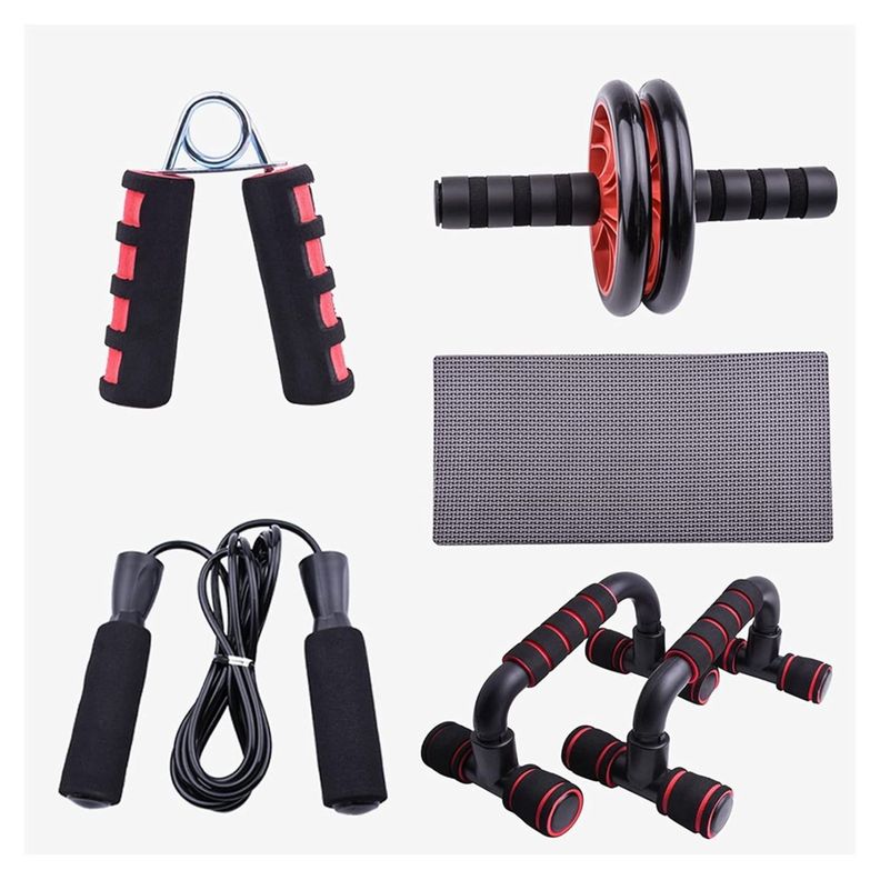 Set Rueda Abdominal Cuerda Saltar Mangos Push Ups Rojo-3