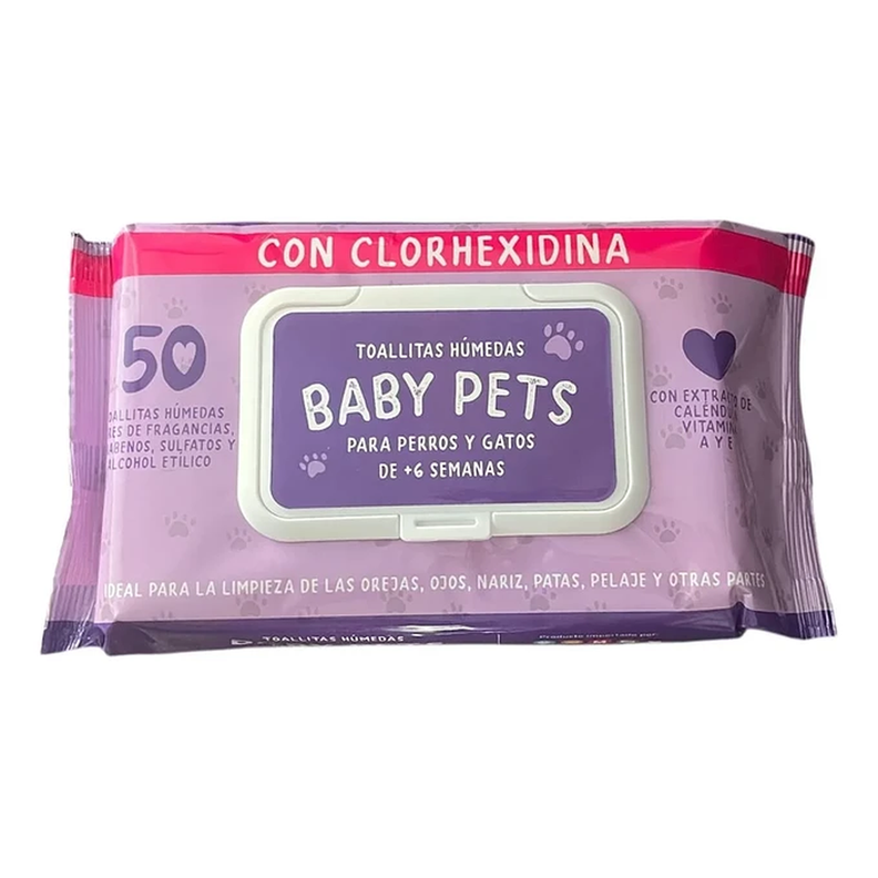 Toallitas Humedas Baby Pets Para Mascotas Con Clorhexidina Morado 50