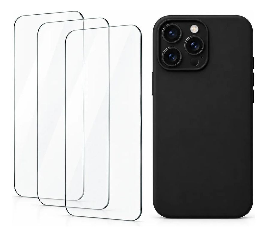Kit Carcasa Silicona Negra + 3 Micas Compatible con iPhone 15 Pro ...