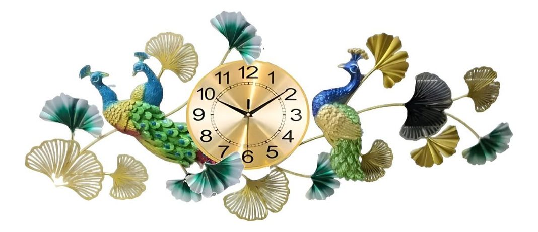 Reloj Pared Pavo Real Elegante Decorativo Metal Jhn-0