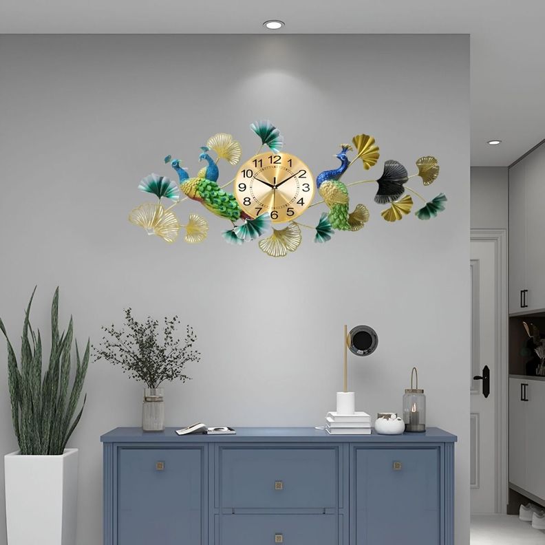 Reloj Pared Pavo Real Elegante Decorativo Metal Jhn-7